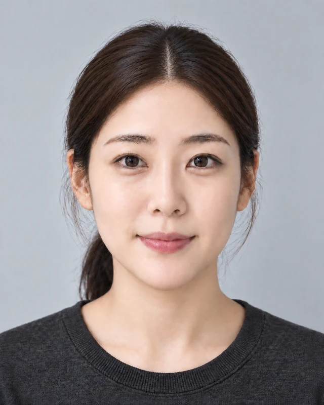 좋은 예: 중앙에서 정면을 바라보고 이마와 얼굴 윤곽이 드러난 사진